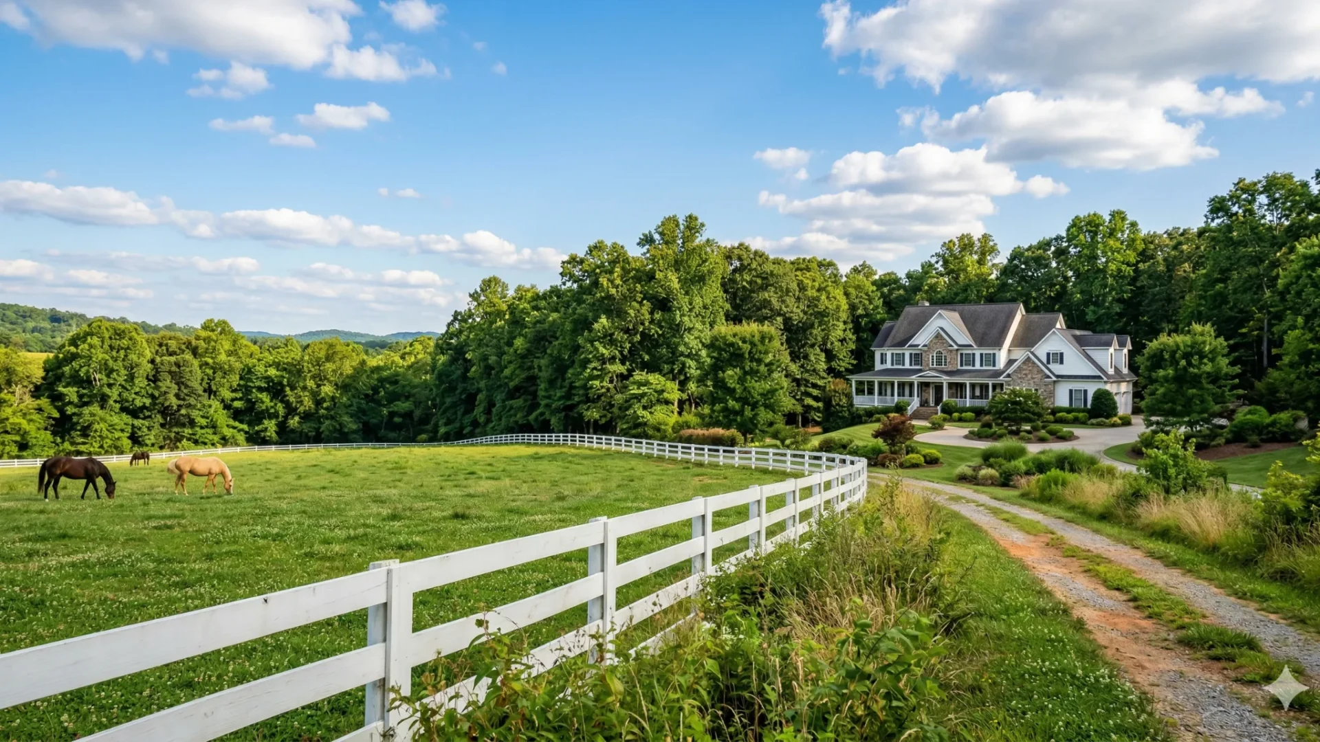 White four-board fence along a pasture with horses and a long drive to a farmhouse