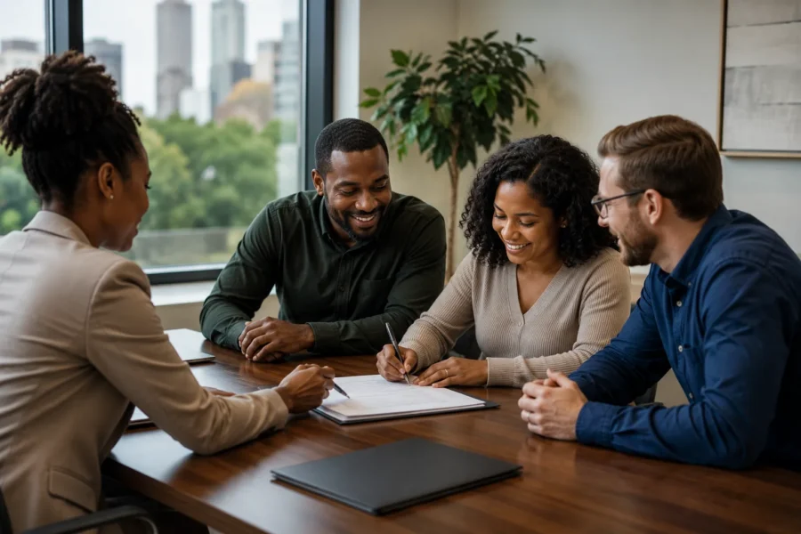 Four people around a conference table signing paperwork with a city view behind them