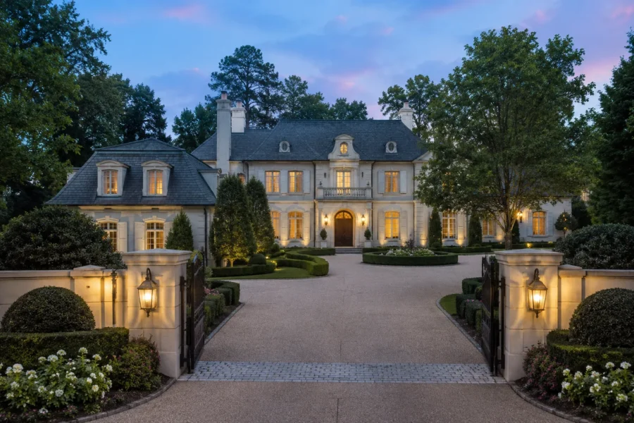 A French-style stone mansion lit at dusk behind iron gates
