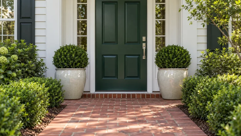 A freshly painted deep green front door with new brushed nickel hardware, flanked by two large glazed planters of clipped boxwood above a clean swept brick walkway