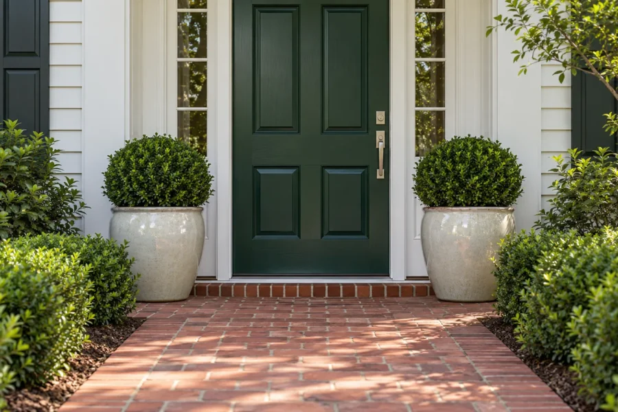A freshly painted deep green front door with new hardware on a front porch