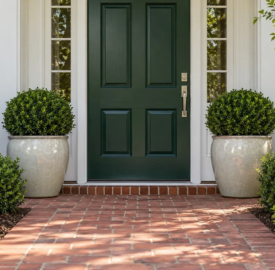 A freshly painted green front door with new hardware