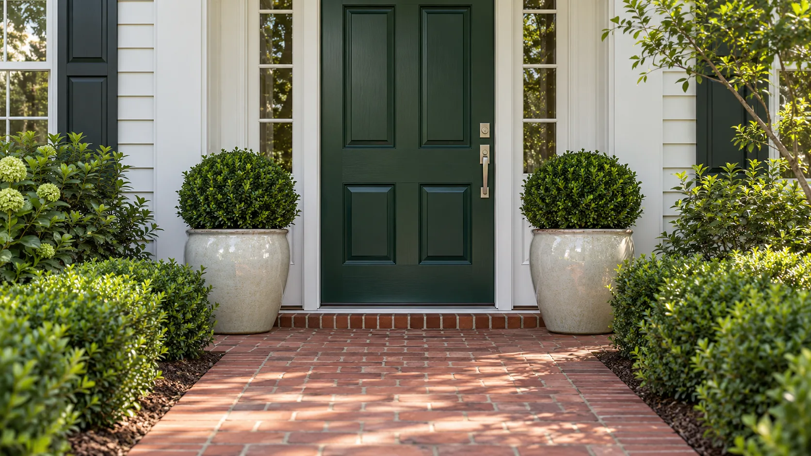 A freshly painted deep green front door with new brushed nickel hardware, flanked by two large glazed planters of clipped boxwood above a clean swept brick walkway
