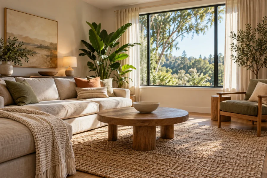 A neutral furnished living area with a linen sofa, round timber coffee table, jute rug and large plants beside a wide window