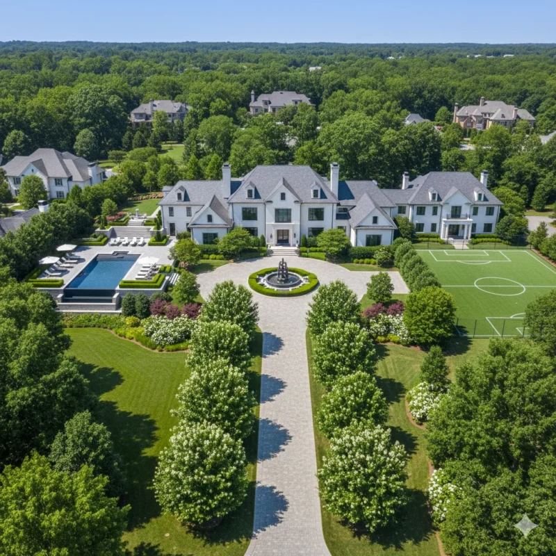 Aerial of a gated estate with a circular drive, fountain, pool and lawn