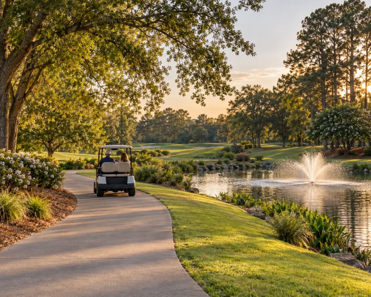 A paved golf cart path curving past a landscaped pond with a fountain, mature trees on both sides and a cart being driven away from the camera in warm late afternoon light