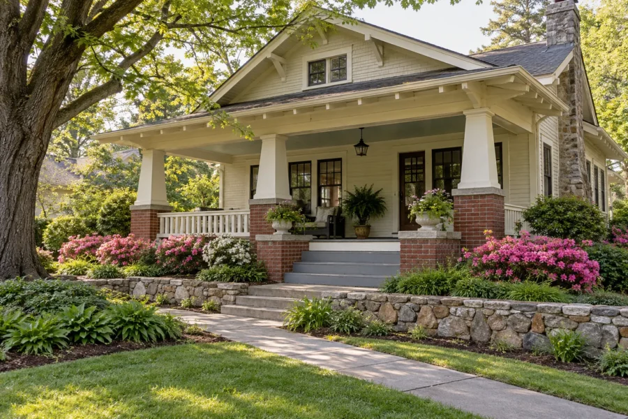 A cream Craftsman bungalow with tapered porch columns on red brick piers above a low fieldstone wall, with azaleas in flower along the base of the porch