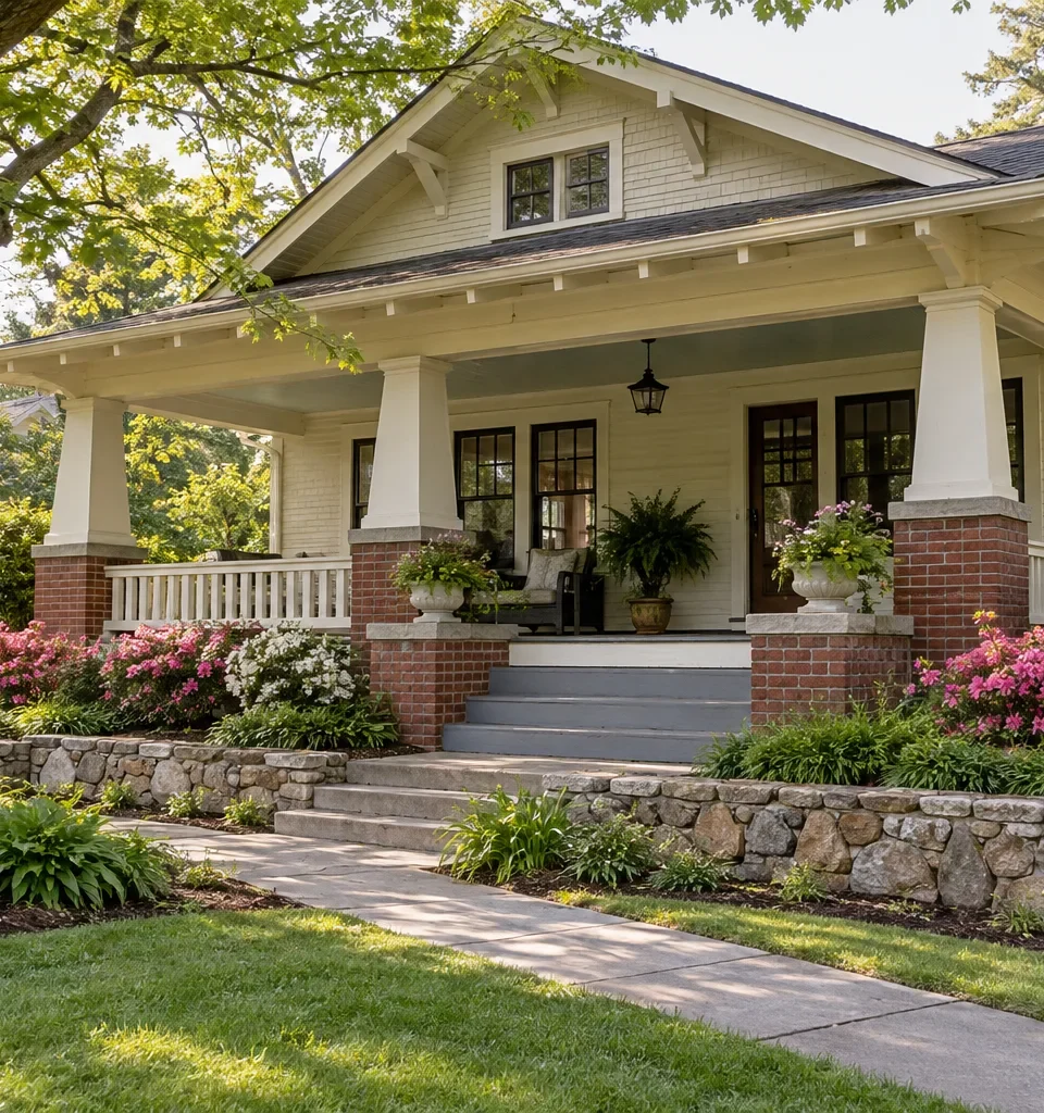 A cream Craftsman bungalow with tapered porch columns