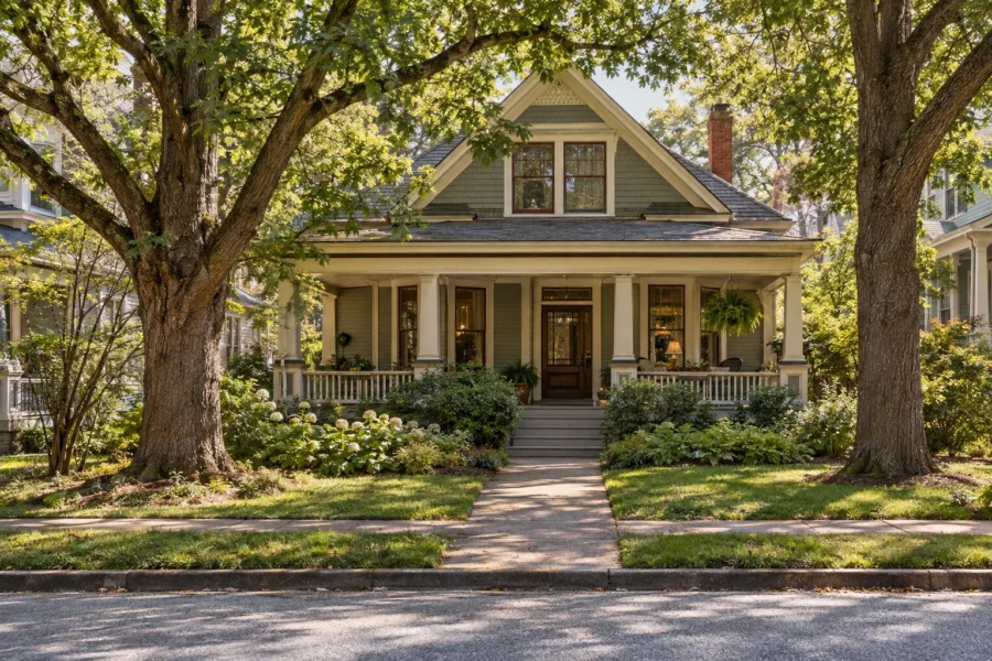 An older intown Craftsman bungalow with a deep columned porch and gable trim, set behind hydrangeas and a large shade tree