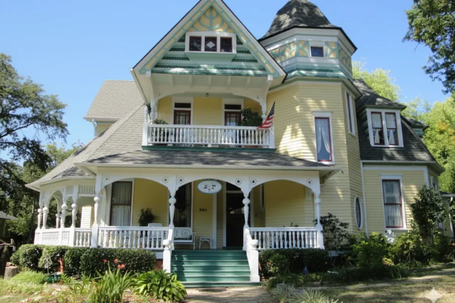 Yellow Victorian with a turret, a wrap porch and decorative gable trim