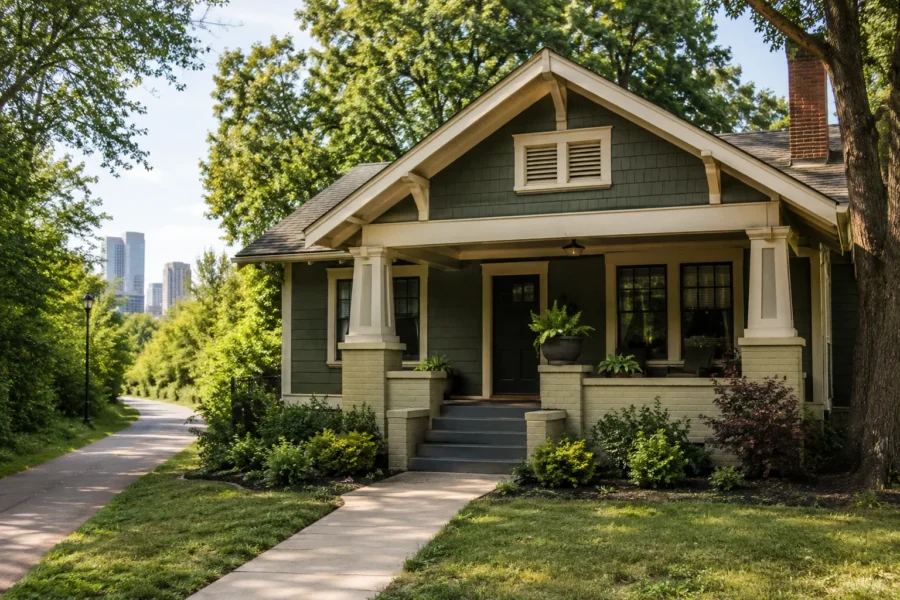 A green Craftsman bungalow beside a paved trail with the skyline in the distance