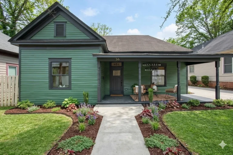 A green cottage with a covered front porch and a paved walk through planted beds