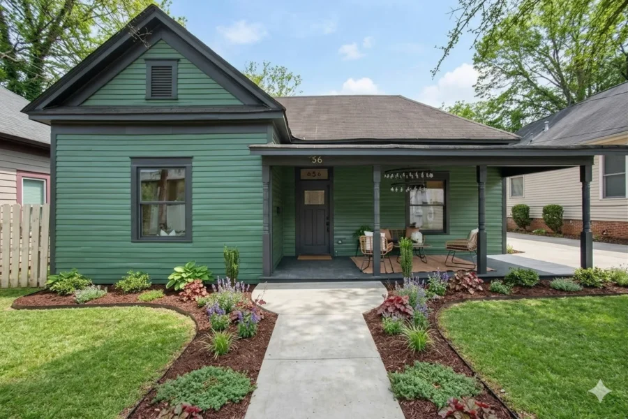 A green cottage with a covered front porch and a paved walk through planted beds