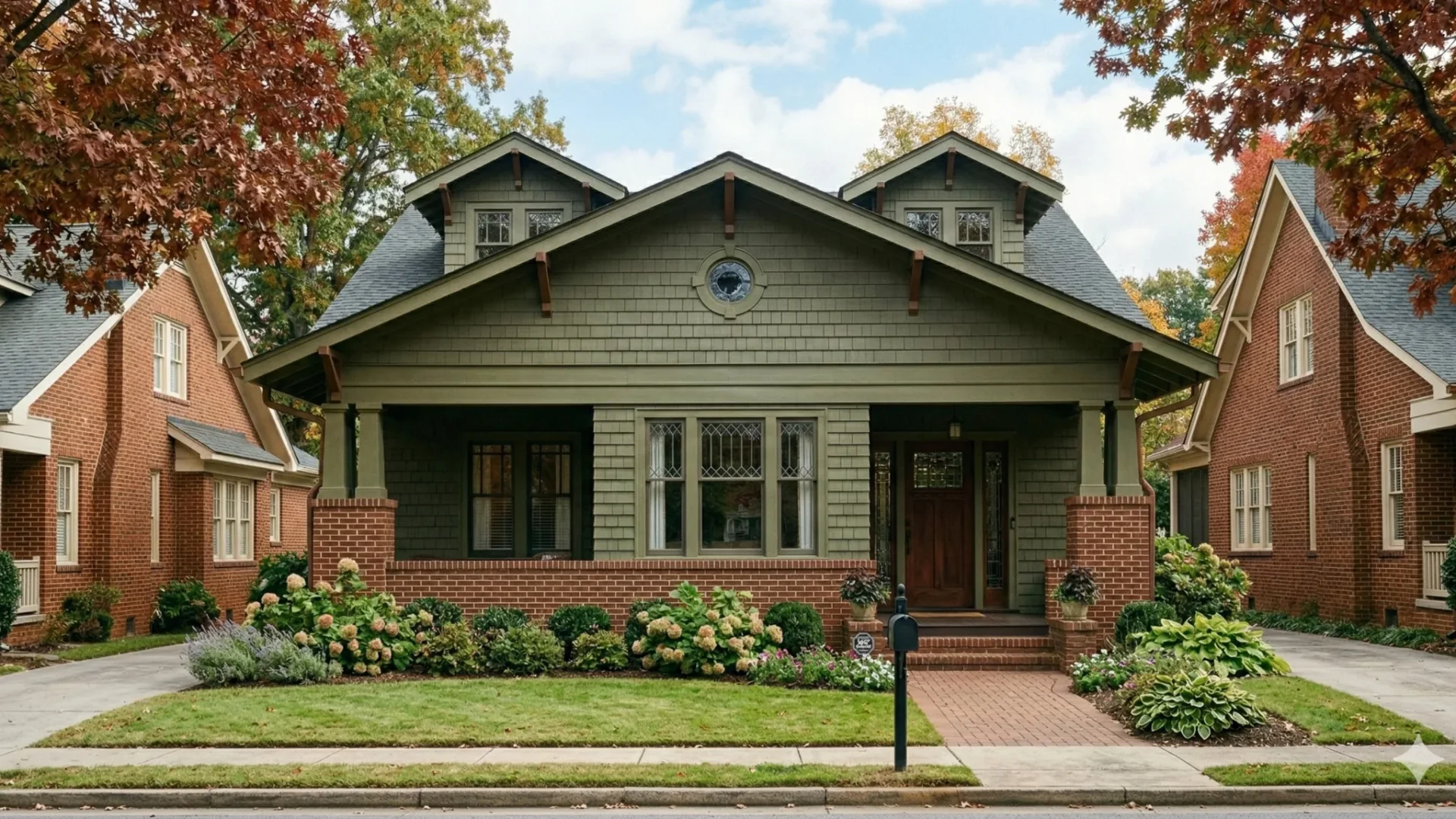 A green Craftsman bungalow with brick porch piers and a broad front gable