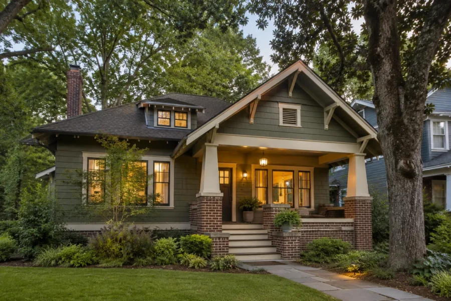 A green Craftsman bungalow lit from inside at dusk behind a low front lawn
