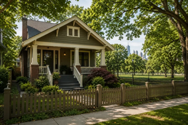 A green Craftsman bungalow behind a picket fence with parkland and the skyline beyond