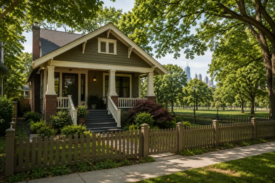 A green Craftsman bungalow behind a picket fence with parkland and the skyline beyond