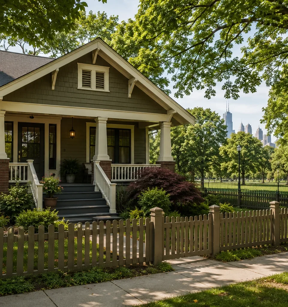 A green Craftsman bungalow behind a picket fence with parkland and the skyline beyond