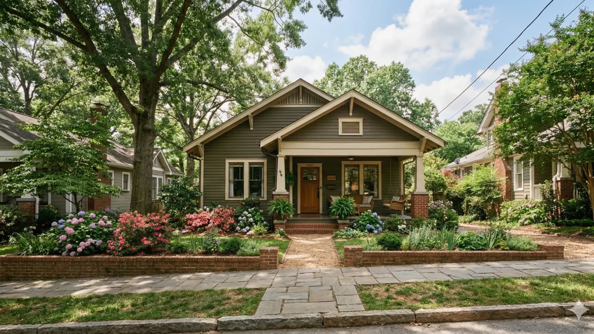 A green Craftsman bungalow with a landscaped front garden and a stone walkway