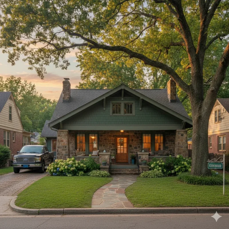 A green Craftsman bungalow lit at dusk with stone porch piers under oaks