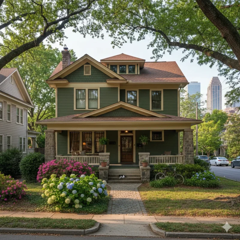 A green Craftsman house with a stone porch base behind flowering hydrangeas