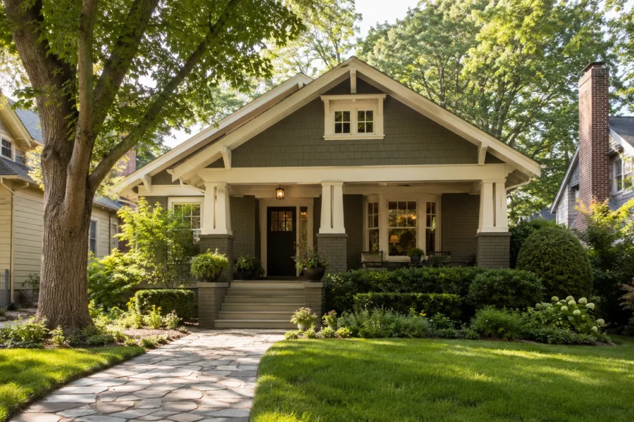 A green Craftsman bungalow with tapered porch columns under a large tree
