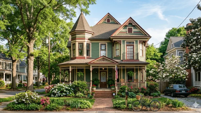 A green Queen Anne Victorian with a turret and a wraparound porch