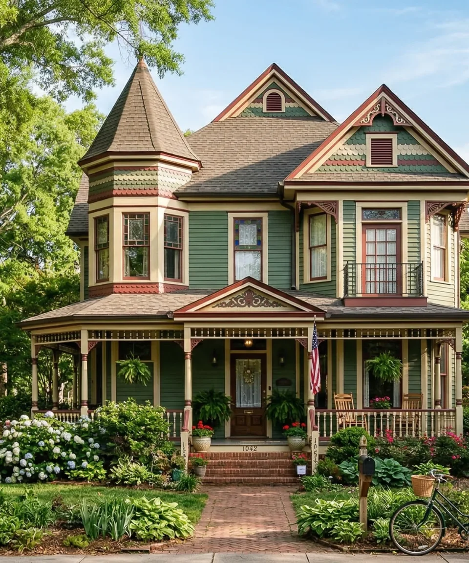 A green Queen Anne Victorian with a turret and a wraparound porch