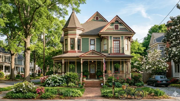 A green Queen Anne Victorian house with a turret and a wraparound porch