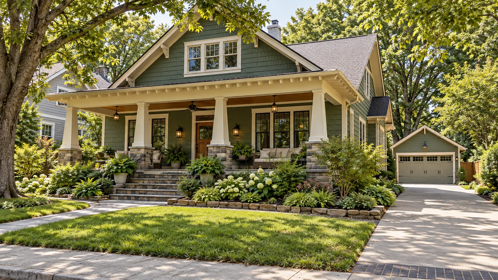 A green shingled Craftsman with a deep front porch and a detached garage set back on the lot, behind a clipped lawn and a stone edged planting bed