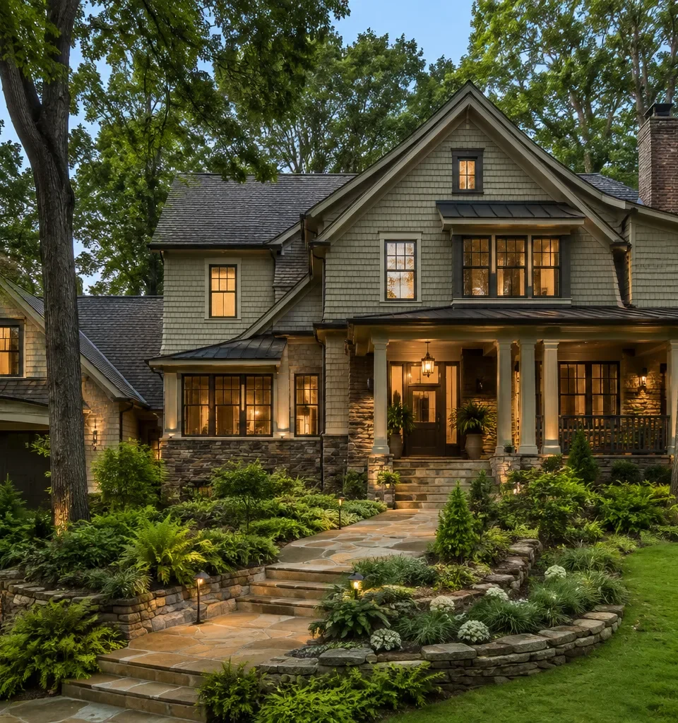 A green shingled house lit at dusk on a terraced slope