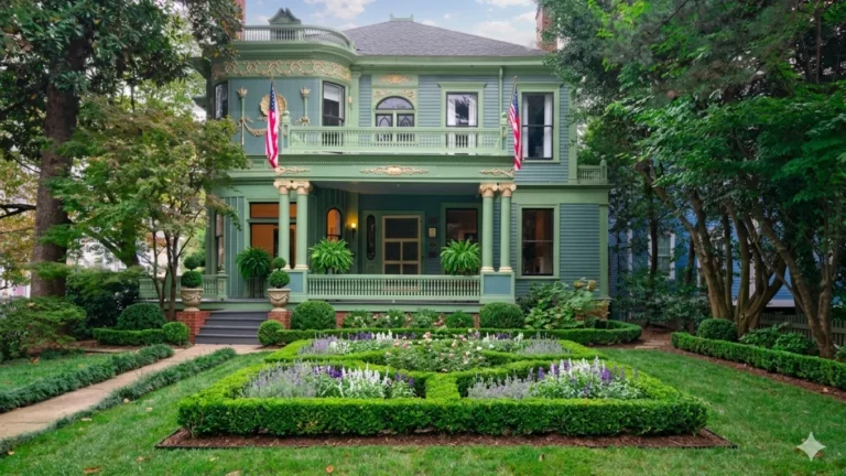 A green Victorian house behind a clipped parterre garden