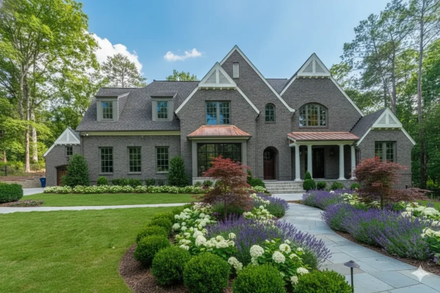 A grey brick house with steep gables and lavender planting beds
