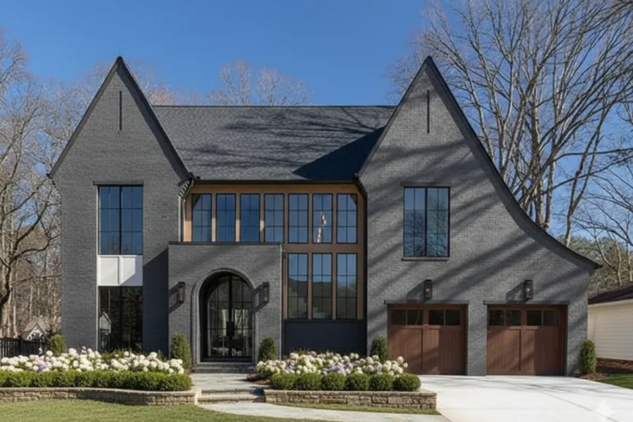 A grey brick house with steep gables and a two-car garage