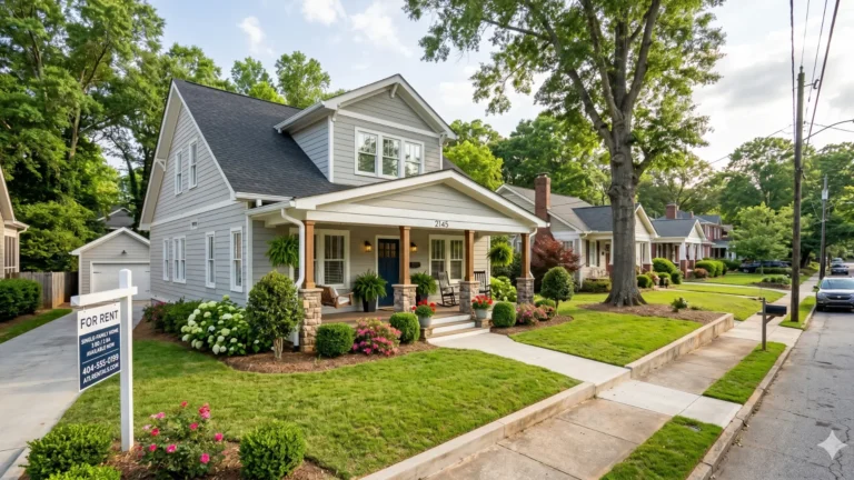 A grey Craftsman bungalow with a covered porch and a for-rent sign in the front yard