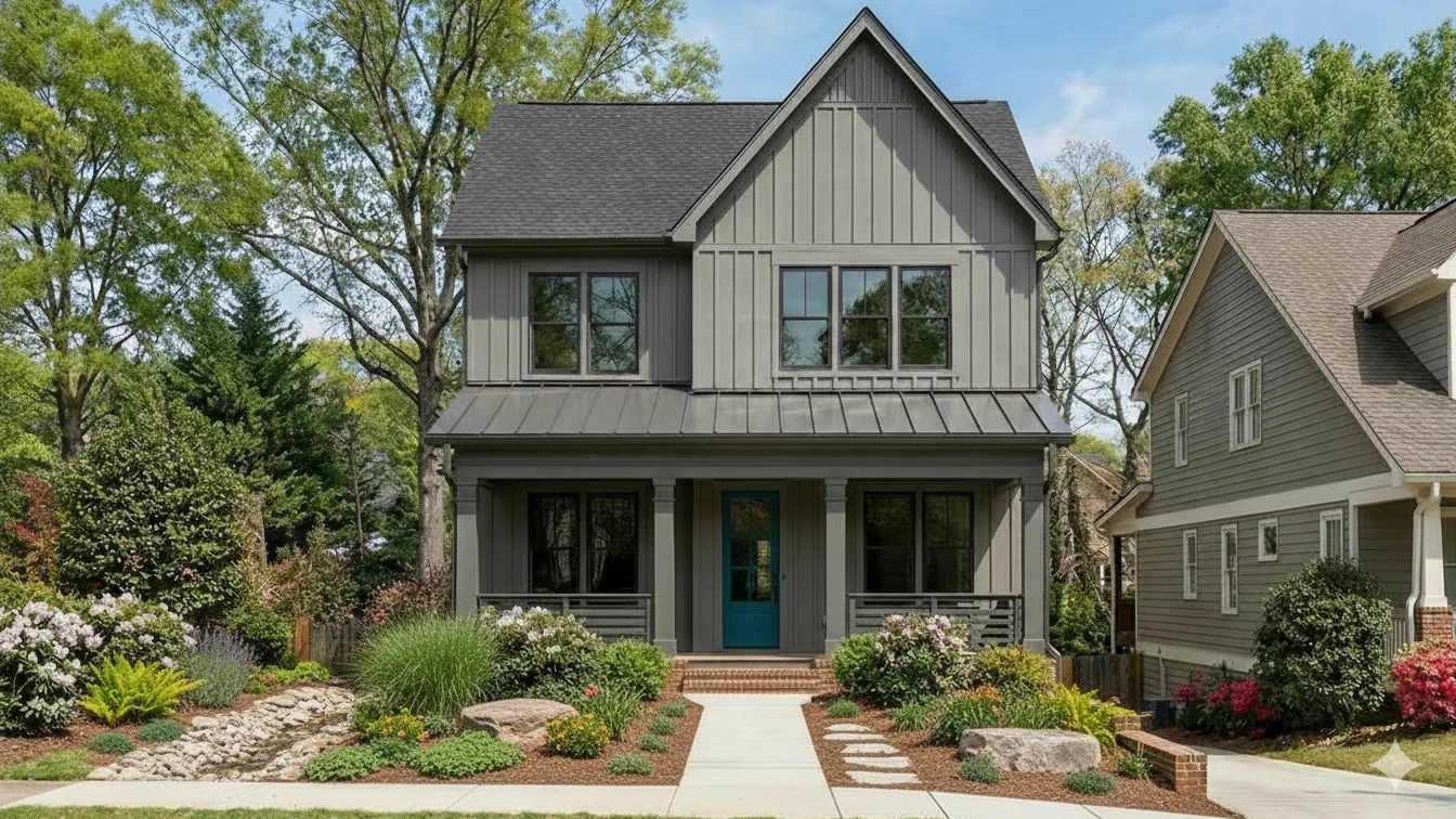 A grey modern farmhouse with a covered porch and a stone front walk