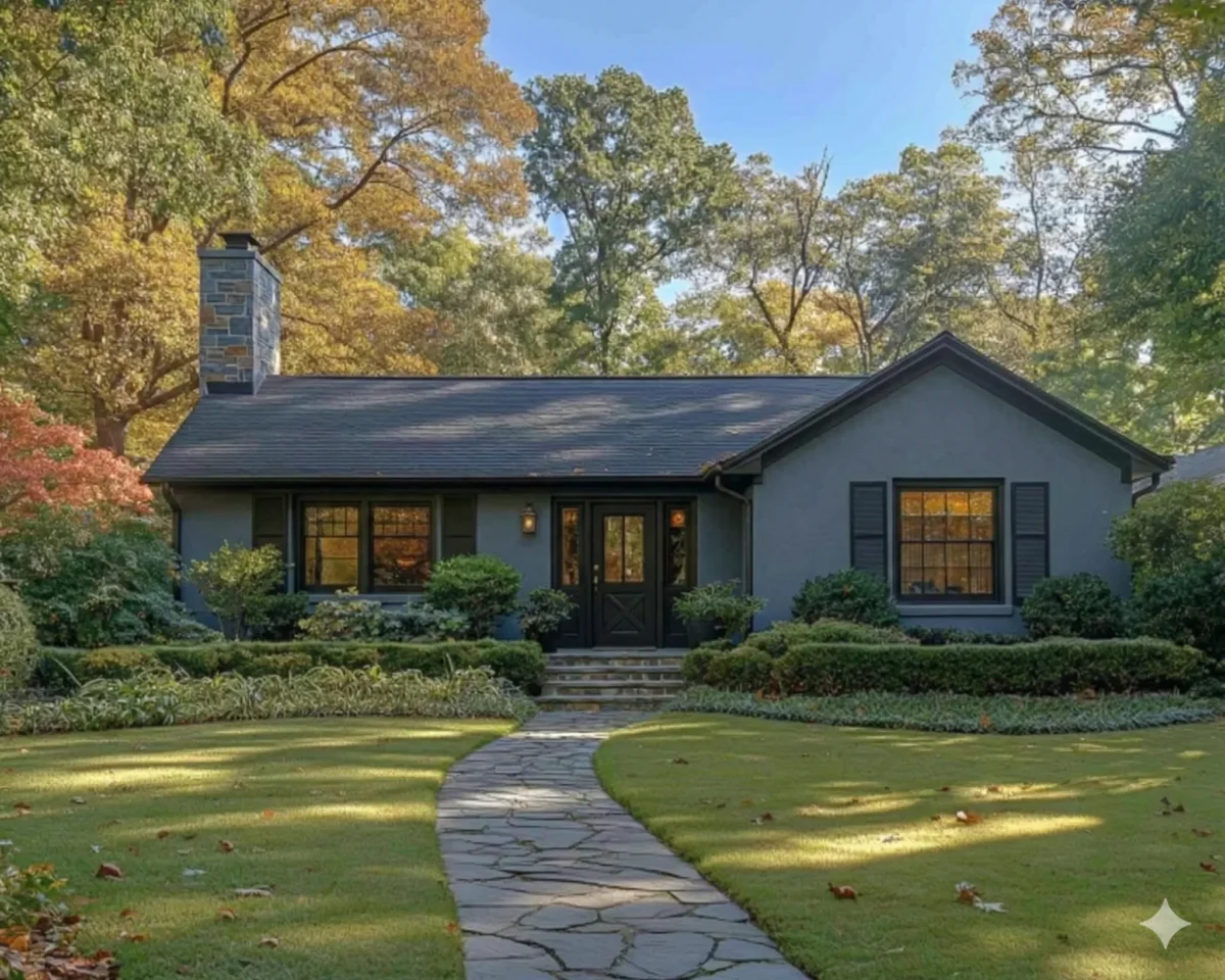 A grey ranch house with lit windows and a flagstone path across the lawn at dusk