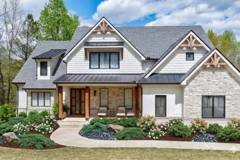 A grey and stone Craftsman style house with timber brackets above layered planting