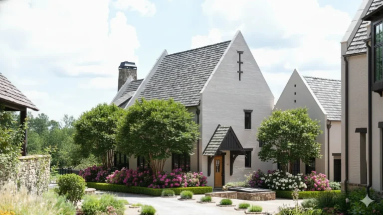 A grey stone and stucco house with steep gables above a landscaped forecourt