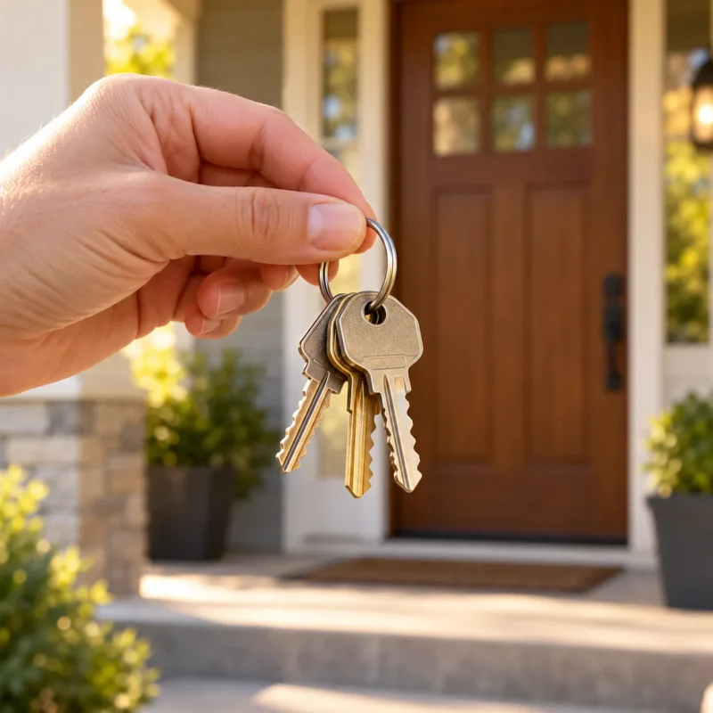 A hand holding two brass keys on a plain ring in front of a softly blurred timber front door and porch