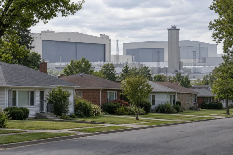 A street of small single story houses with the pale bulk of a large aviation hangar rising beyond the rooftops