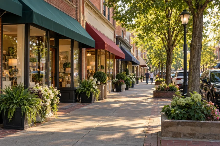 A small town main street of brick storefronts with plain awnings, planters of ferns and hydrangeas, mature street trees and a wide pavement