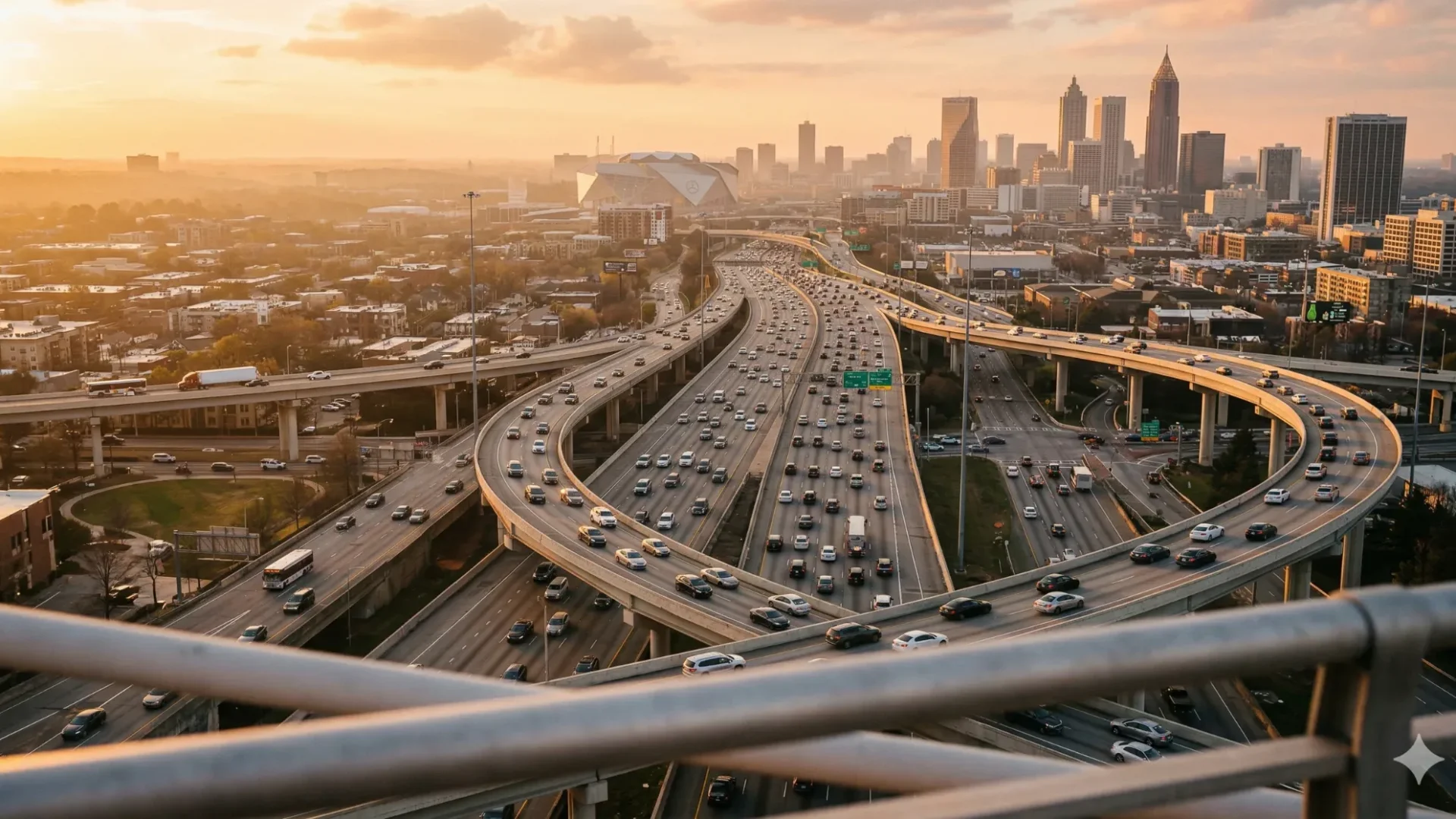 An elevated view of a multi-lane highway interchange at sunset with the skyline beyond