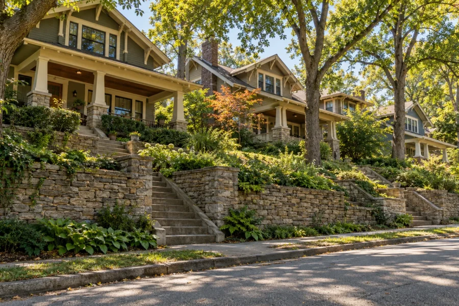 A hilly residential street lined with craftsman houses
