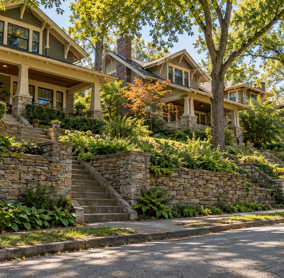 Craftsman houses on raised lots along a hilly residential street