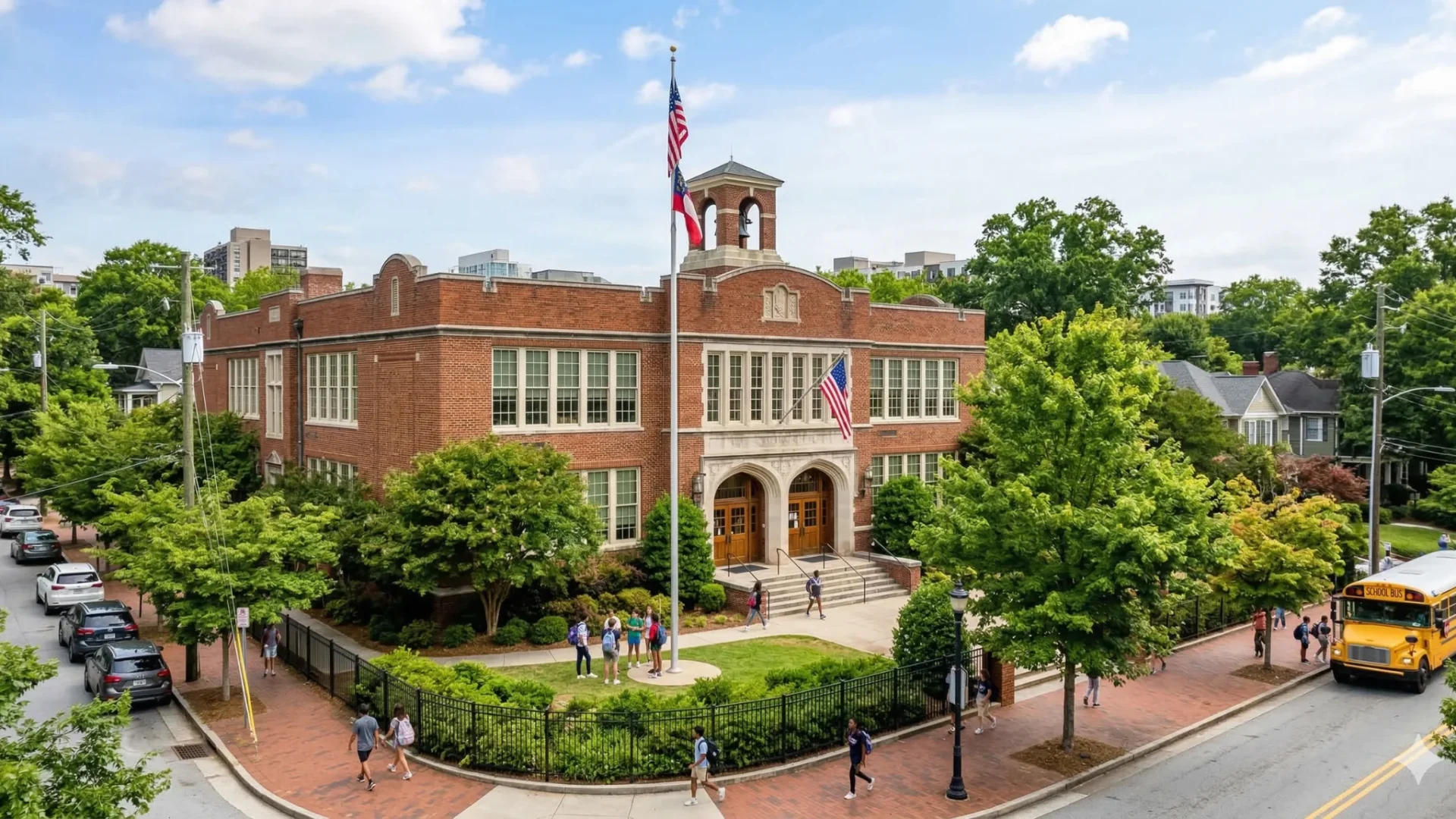 A historic brick school with a clock cupola and a school bus at the kerb