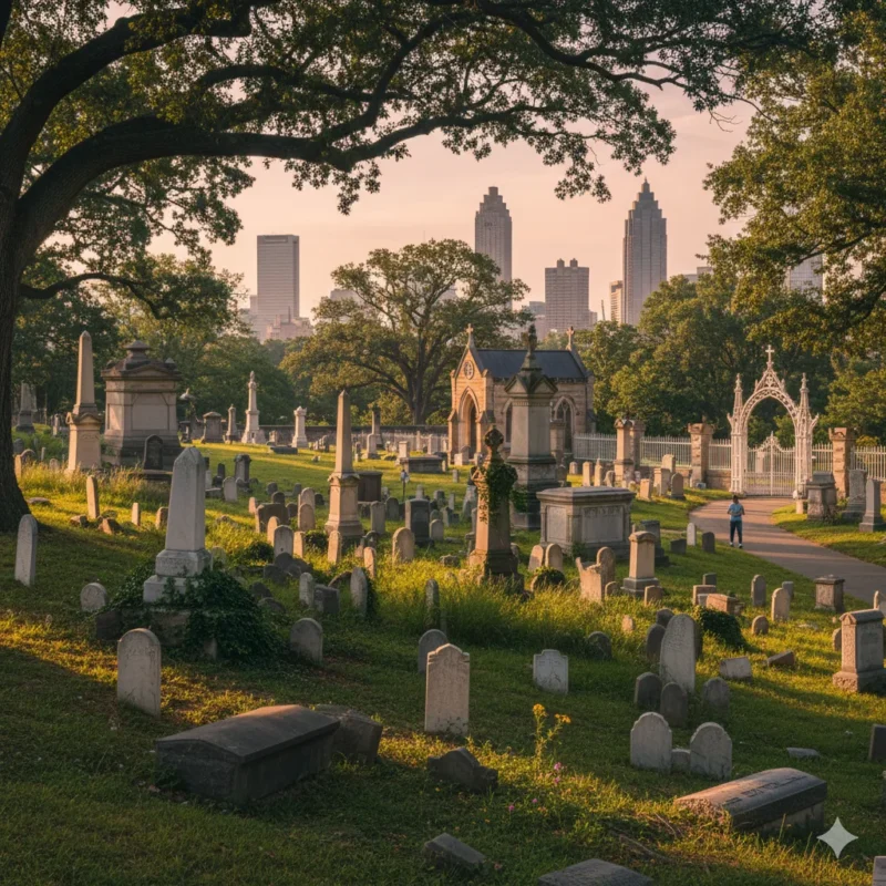 A historic cemetery with headstones and monuments below the Atlanta skyline