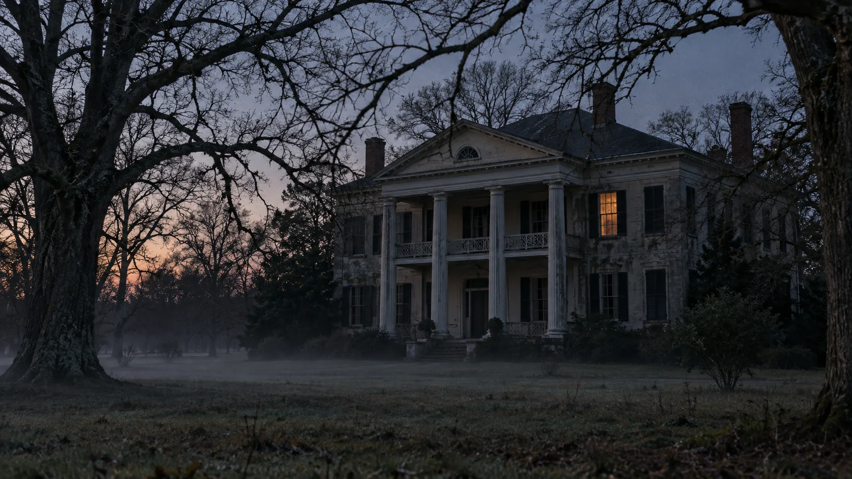 A grand nineteenth century southern house with a white columned portico seen at dusk across an unkempt lawn through bare branches, with low mist on the grass and a single upstairs window faintly lit
