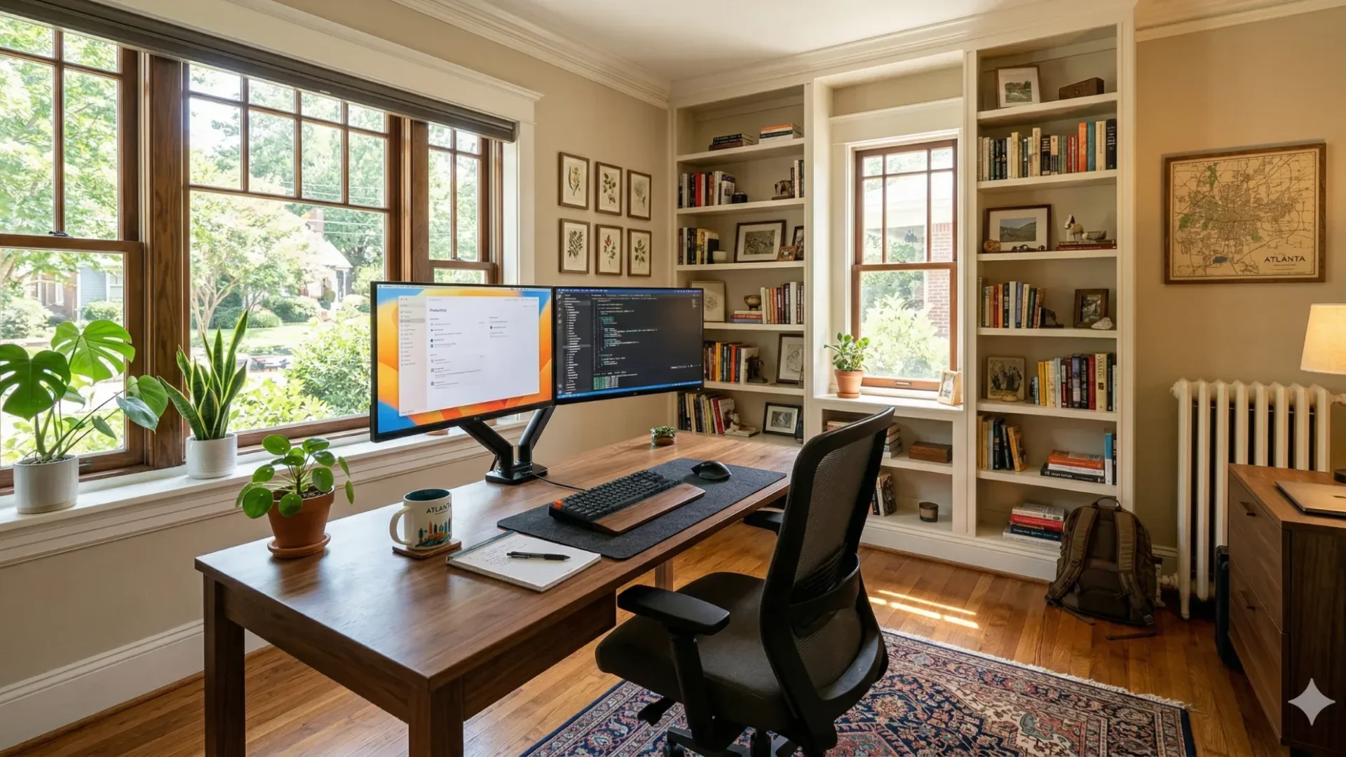 A home office with a desk, dual monitors, built-in bookshelves and a window onto greenery