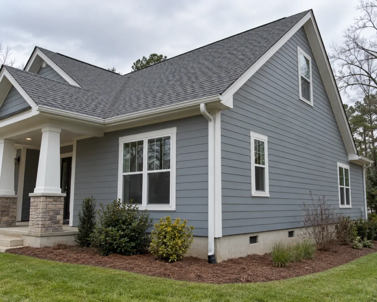 A close three quarter view of a grey sided house showing the roofline, gutters, fascia, siding joins and foundation line in even daylight